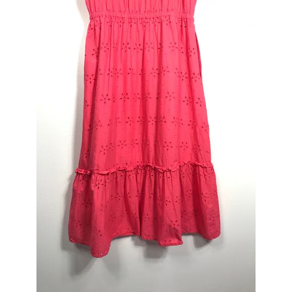 J. Crew Midi Dress Women's 8 Pink V Neck Puff Sleeve Eyelet Tiered Feminine - Picture 11 of 13